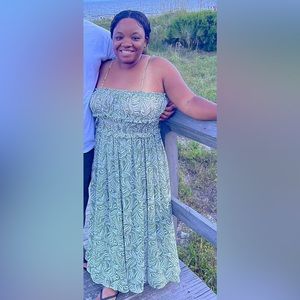 En Saison Green and White Ruffle Spaghetti Strap Maxi Dress